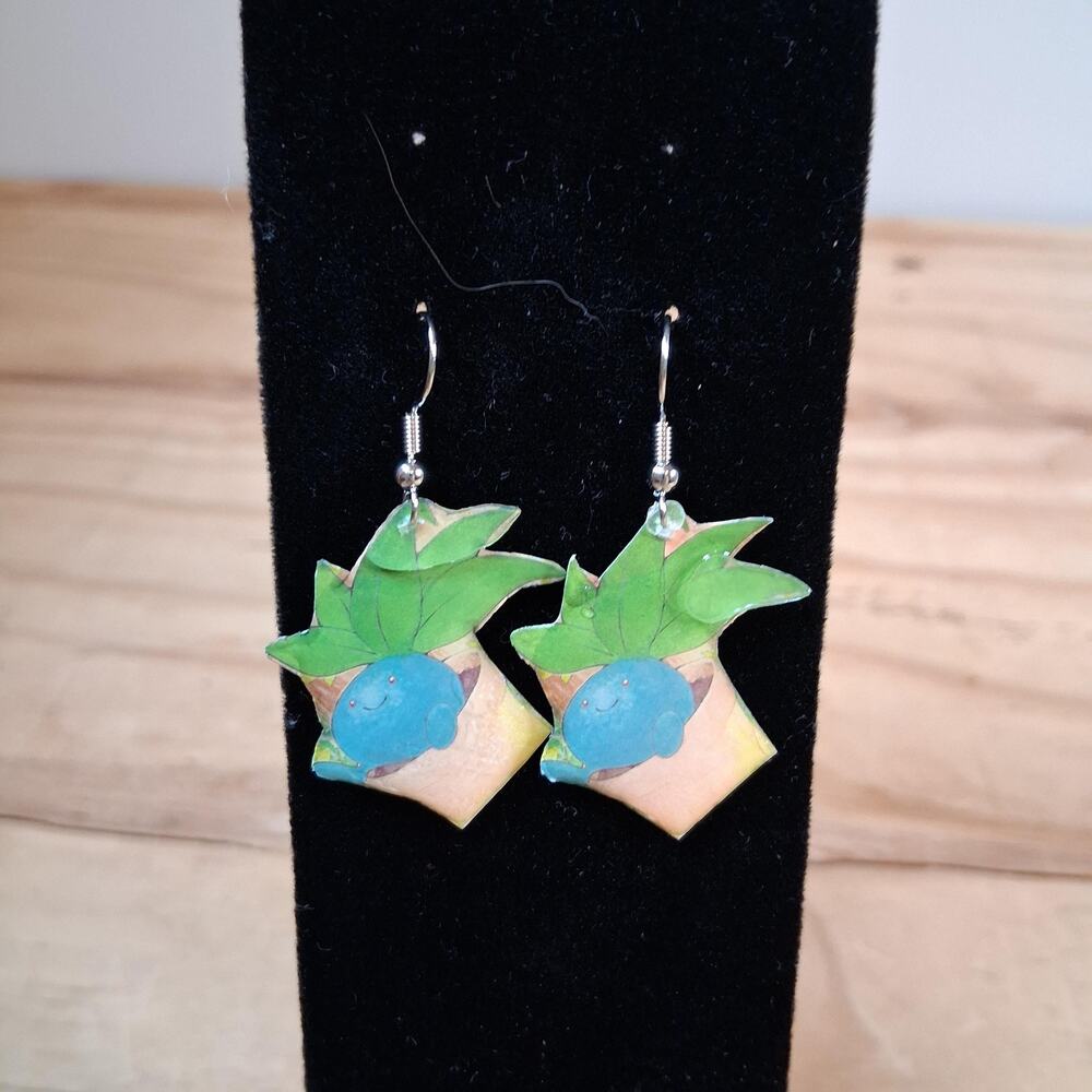 Handmade Oddish Dangle Earrings Plant Resin Hook Back Earrings Blue Foliage